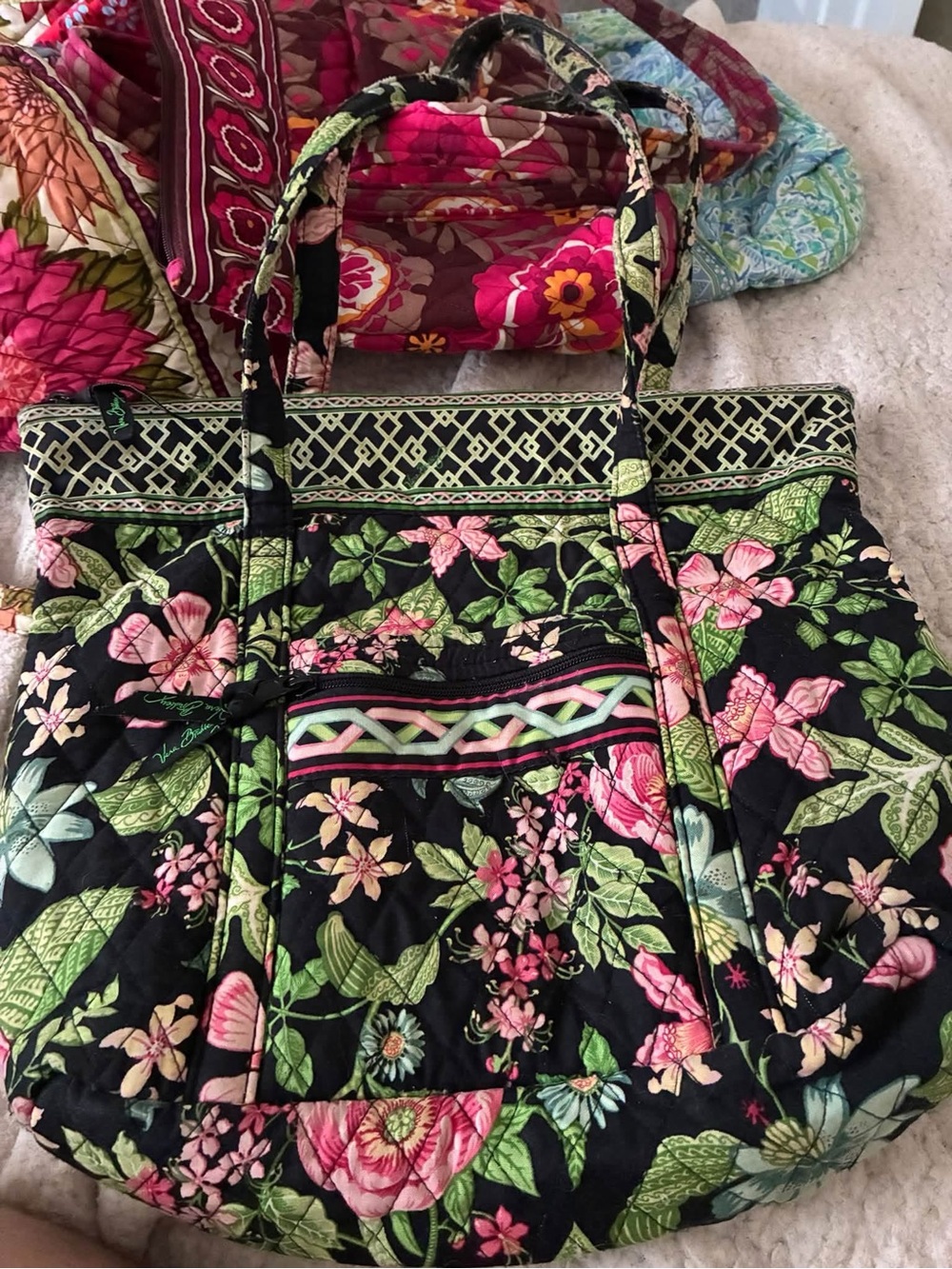 Vera Bradley Black Floral Quilted Tote with Pink and Green Accents